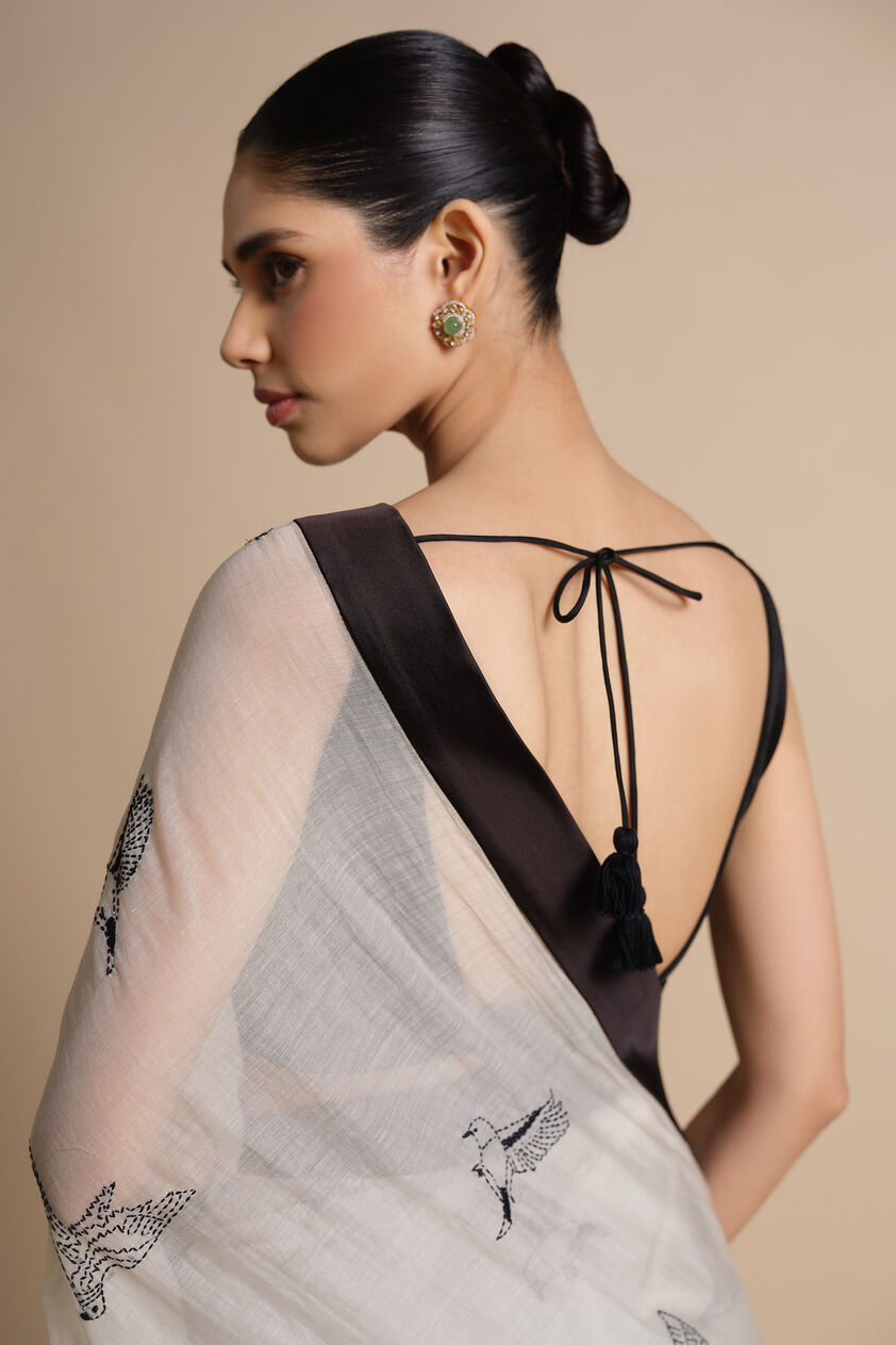 Usoa Hand-embroidered Kantha Mul Saree - Ivory, Ivory, image 6